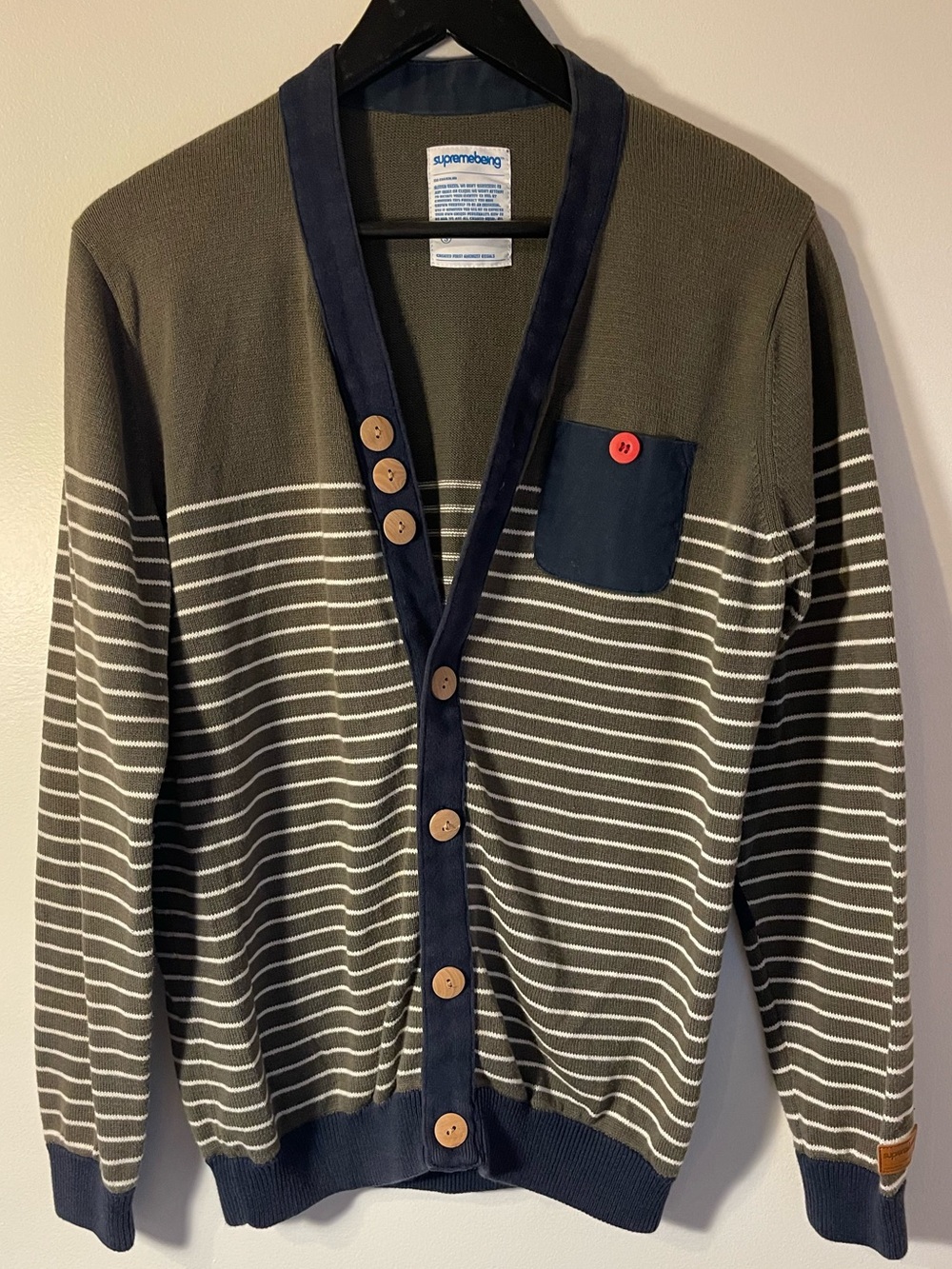 Supremebeing Olive Navy Striped Cotton Knit Cardigan Sweater M